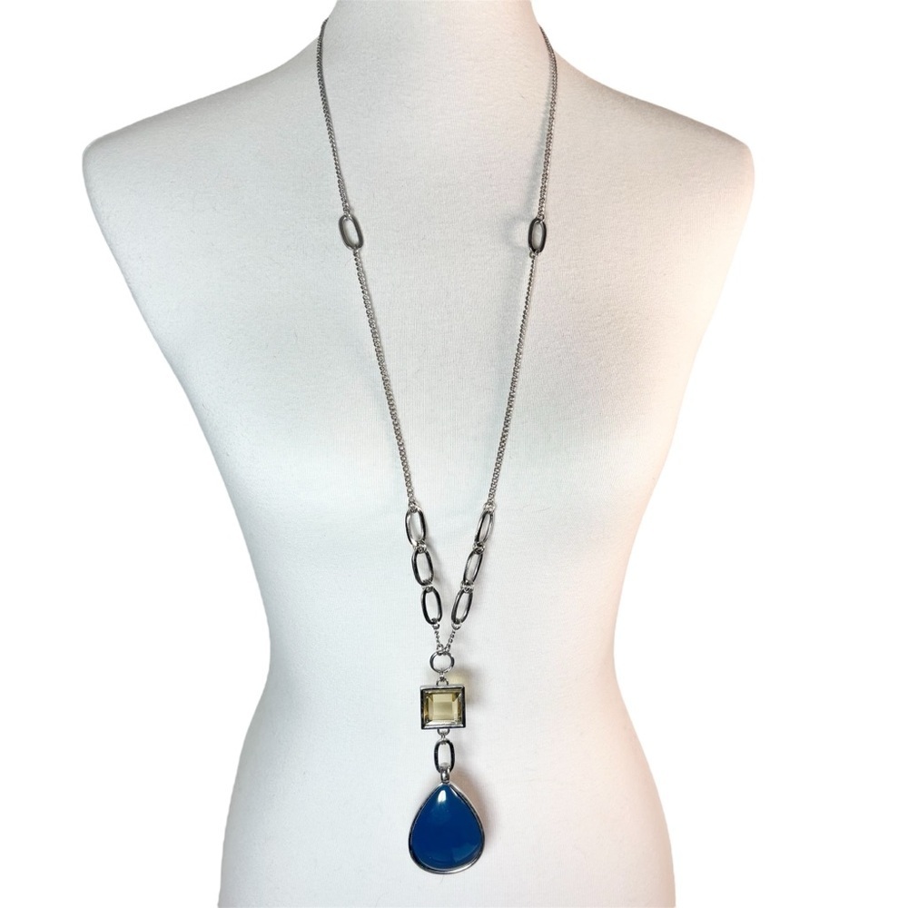 Silver Tone Necklace with Blue Acrylic Teardrop Pendant, [22” Matinee Length]
